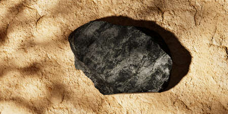 Black stone podium for beauty and fashion brand placement on sandstone texture background. Top view...