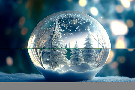 Snowy glass ball with winter forest covered with snow. Holiday scene with christmas bauble and christmas tree inside.の写真素材
