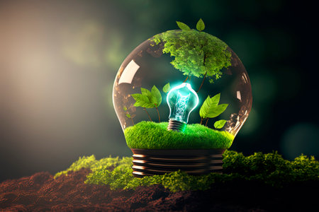 Sustainable development concept. Renewable energy, eco friendly environment, green technology business solution. Light bulb in grass.の写真素材
