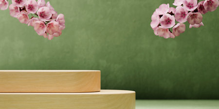 Wooden product podium with cherry blossom flowers on green background. Spring mockup template display. Neutral asian aesthetic.の写真素材