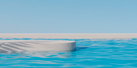 Stone podium stand in luxury blue pool water. Summer background of tropical design product placement display. Hotel resort poolside backdrop.の写真素材