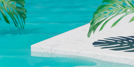 Summer background with marble podium in pool water and monstera leaf shade. Luxury hotel resort for product placement.の写真素材
