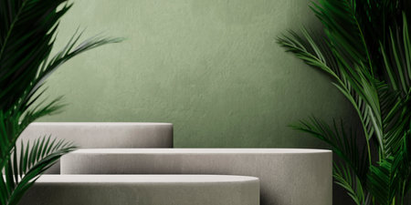 Stone product podium with tropical palm leaf on green wall background. Botanical mockup template display. Neutral asian aesthetic.の写真素材