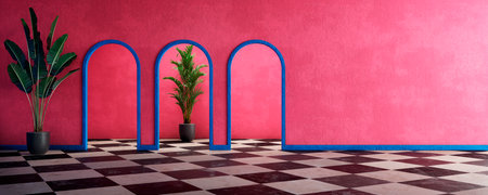 Pink empty wall in luxury home with painted concrete walls, floor tiles, arch and tropical plants. Interior design room with vibrant and bold colors. Modern minimal architecture concept.の写真素材