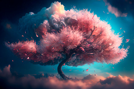 Beautiful dreamy cherry blossom tree from heavenly clouds. Abstract surreal concept of sakura garden in the sky.の素材