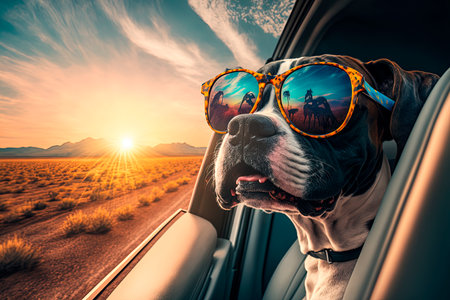 Tourist dog driving in a car. Summer holiday adventure.の素材