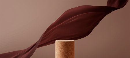 Wooden podium and satin fabric floating on brown background. Luxury product placement mockup with flying cloth. Premium fashion and beauty stage platform template.の写真素材