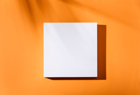 Empty square podium with tropical palm tree shadow background. Orange thanksgiving minimal flat lay frame poster. Abstract trendy geometric mockup blank layout.の写真素材