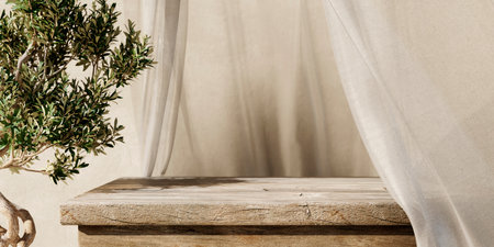 Natural wooden table and organic cloth with olive tree plant. Product placement mockup design background. Outdoor tropical summer scene with rustic vintage countertop display.の写真素材