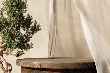 Natural wooden table and organic cloth with olive tree plant. Product placement mockup design background. Outdoor tropical summer scene with rustic vintage countertop display.の写真素材