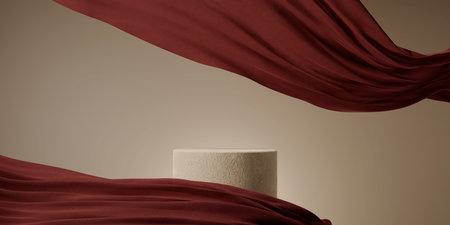 Stone podium and satin fabric floating on beige background. Luxury product placement mockup with flying silk cloth. Premium fashion and beauty stage platform template.の写真素材