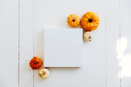 Empty picture frame with autumn pumpkin decor on white wooden floor. Thanksgiving minimal flat lay podium background. Halloween table top view. Flat lay.の写真素材