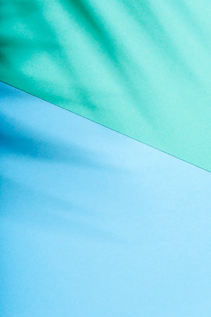 Pastel color background with tropical palm shadow. Blue and green paper and exotic plant shade layout. Minimal flat lay with leaf silhouette overlay.の写真素材