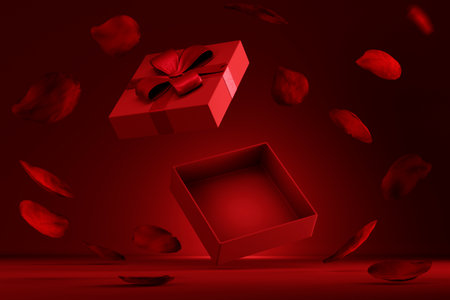 Open gift box flying with rose petals on red background. Valentines, christmas and new year shopping sale promo display. Premium product placement in empty present box design.の写真素材