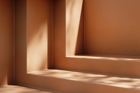 Minimal product placement background with plant shadow on plaster wall. Luxury summer architecture interior aesthetic. Natural stone product platform stage mockup.の写真素材