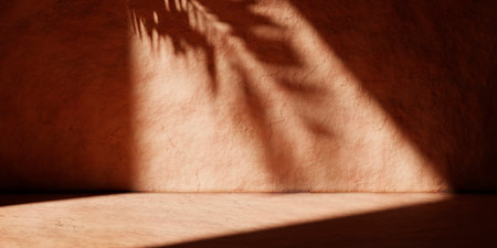 Natural texture stone background with palm shadow and sunlight. Summer tropical product placement podium mockup. Brand showroom in empty room with concrete wall and floor.の写真素材