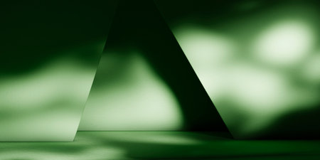 Abstract geometry studio scene with shadow and light. Green background for luxury product display showroom mockup. Minimal interior aesthetic with empty space, geometric line, square and corner backdrop.の写真素材