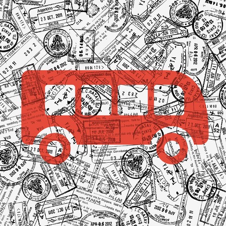 Travel theme illustration with bus icon and border stamps patternのイラスト素材