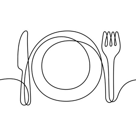 Knife, fork and plate. Restaurant menu one line vector illustrationのイラスト素材