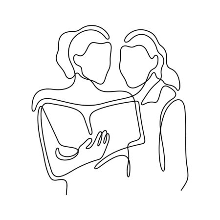 Two ladies with a book one line vector illustrationのイラスト素材