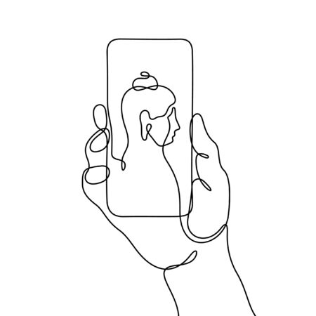 Hand holding smart phone with picture of Buddha on screen. One line vector travel illustrationのイラスト素材