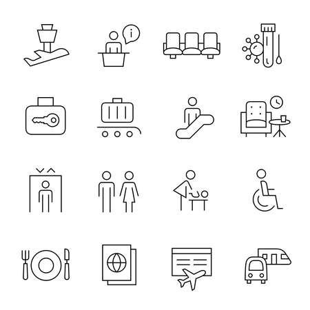 Airport line icon set. Pictograms included baggage claim, business lounge, transportation, timetable, elevator, restaurant.のイラスト素材