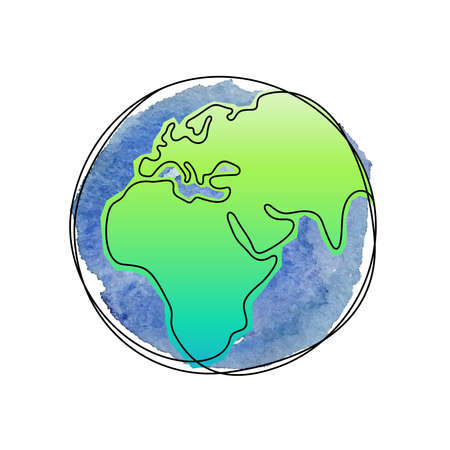 Earth Planet one line vector illustration with watercolour backgroundのイラスト素材