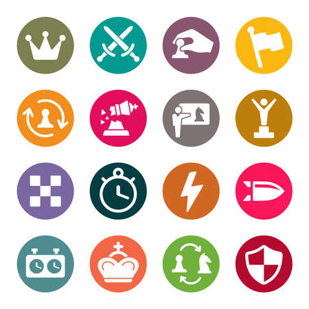 Chess colourful vector icon set. Game, tournament, checkmate, learning, game clock, move, bullet, rapid, blitz and other chess symbols.のイラスト素材