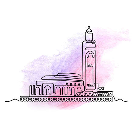 Casablanca, Morocco. One line sketch on watercolour background. Vector illustration.のイラスト素材