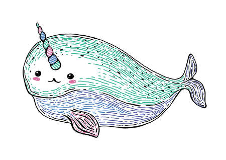 Kawaii narwhal, unicorn-fish. Hand drawn style colourful vector illustration.のイラスト素材
