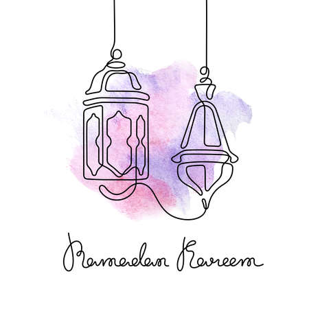 Ramadan Kareem greeting card with traditional lanterns. One line design and hand drawn watercolour background.のイラスト素材