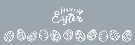 Happy Easter greeting card. Horizontal banner with hand drawn easter eggs. Vector illustration.のイラスト素材