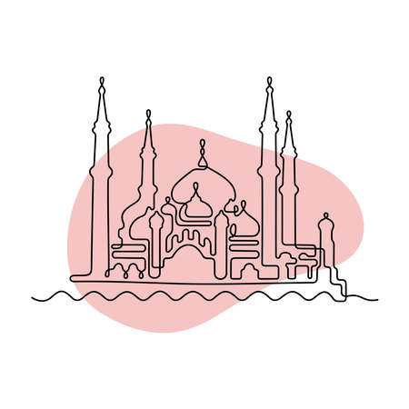 Mosque, one line sketch on watercolour background. Vector illustration.のイラスト素材