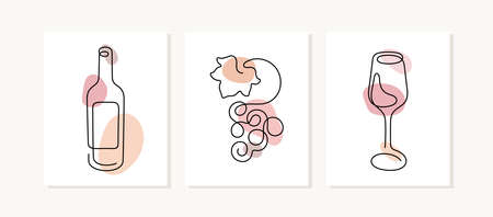 Wine posters. Bottle, grapes, wineglass continuous line illustration. Cards for restaurant menu, winery, bar.のイラスト素材