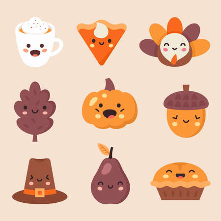 Thanksgiving Day kawaii icon setのイラスト素材