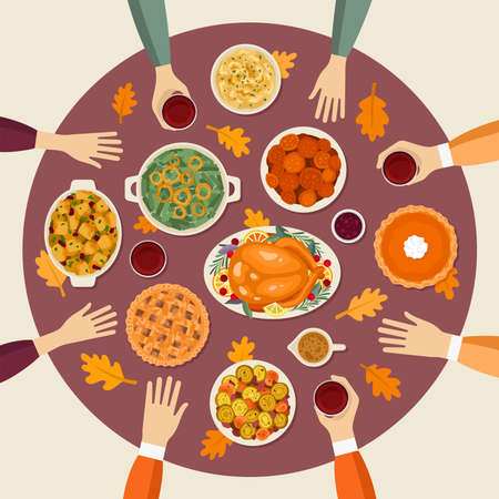Thanksgiving Day festive dinner. Traditional Thanksgiving food, table top view vector illustration.のイラスト素材