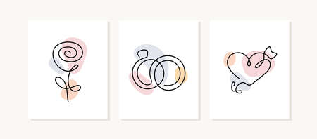 Wedding one line posters. Rose flower, rings, heart illustrations.のイラスト素材
