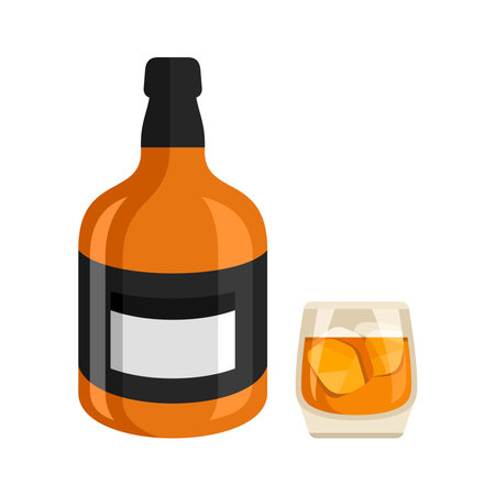 Whiskey bottle and drink. Alcohol drink with ice cubes.のイラスト素材