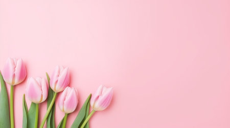 Pink tulips lay on pink background. AI generated illustration.の素材