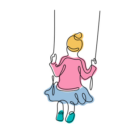 Girl riding on swing one line vector illustrationのイラスト素材