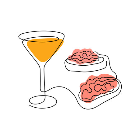 Cocktail drink and tapas one line illustrationのイラスト素材