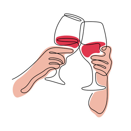 Hands with glasses wine one line illustrationのイラスト素材