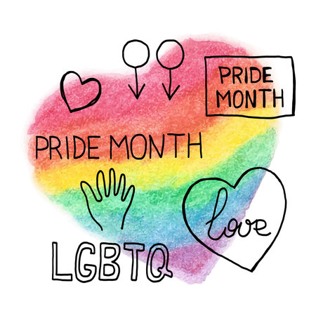 LGBTQ symbols on rainbow coloured heart backgroundのイラスト素材