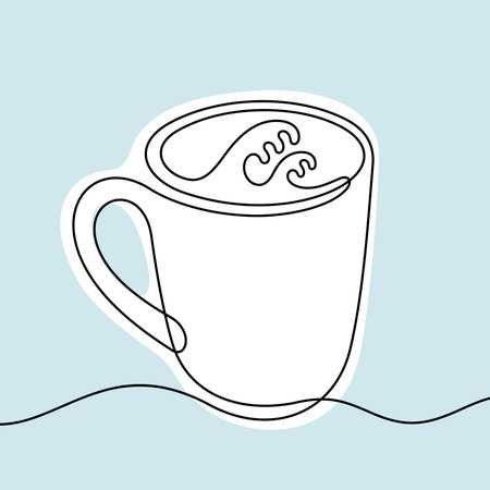 Coffee cup with waves one line vector illustrationのイラスト素材