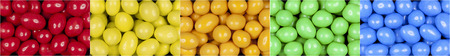 a collage of five kind of peanuts covered with colored chocolate