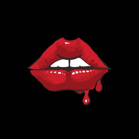 Lips with red lipstick, vector illustration on black background eps jpgのイラスト素材