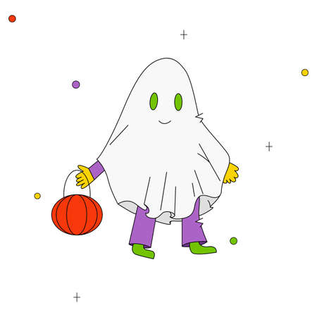 Childrens vector illustration. Child in a ghost costume goes for Halloween sweetsのイラスト素材