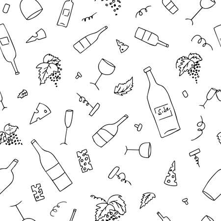 Vector seamless background. Wine bottle, doodleのイラスト素材