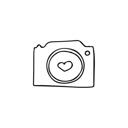 Vector illustration in doodle style. Photo camera icon with heartのイラスト素材