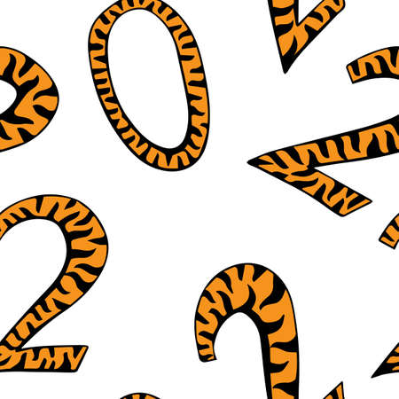 Vector seamless background. Numbers drawn as doodle with tiger colors. Symbol of 2022のイラスト素材